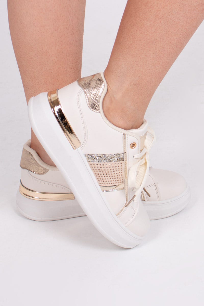 Sneakers m. glitter och sten, Beige