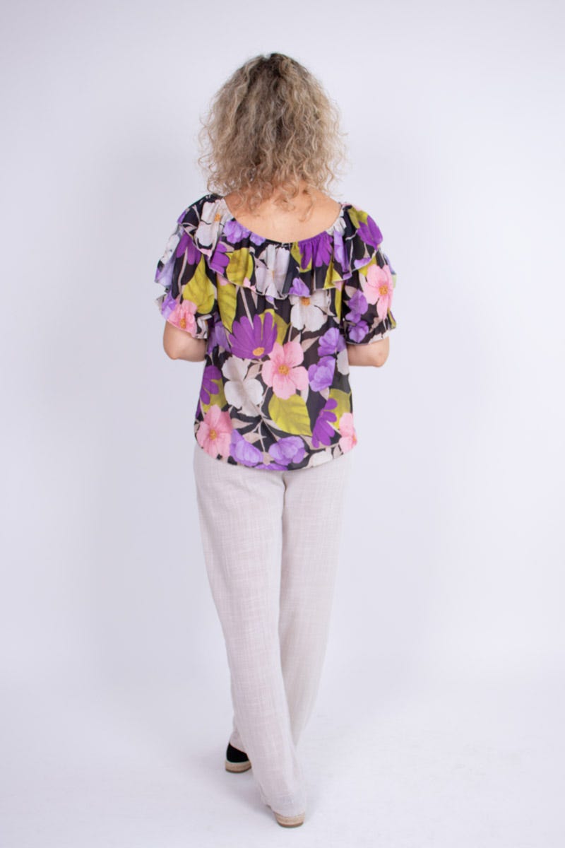 Top i chiffon m. blomster Lilla