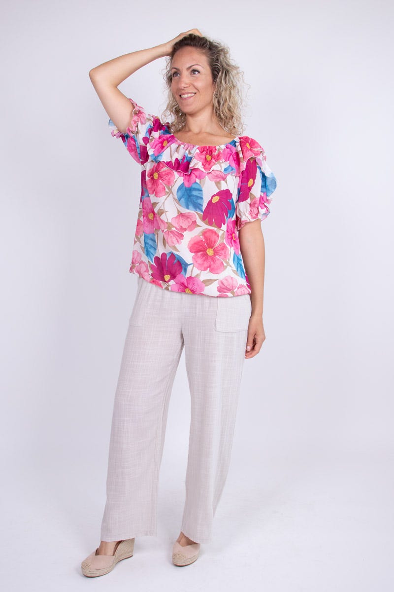 Top i chiffon m. blomster Pink