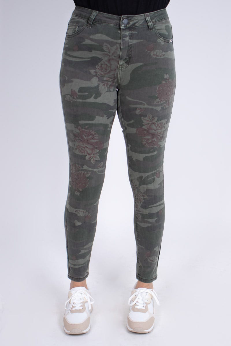 Jeans m. blommor, Khaki