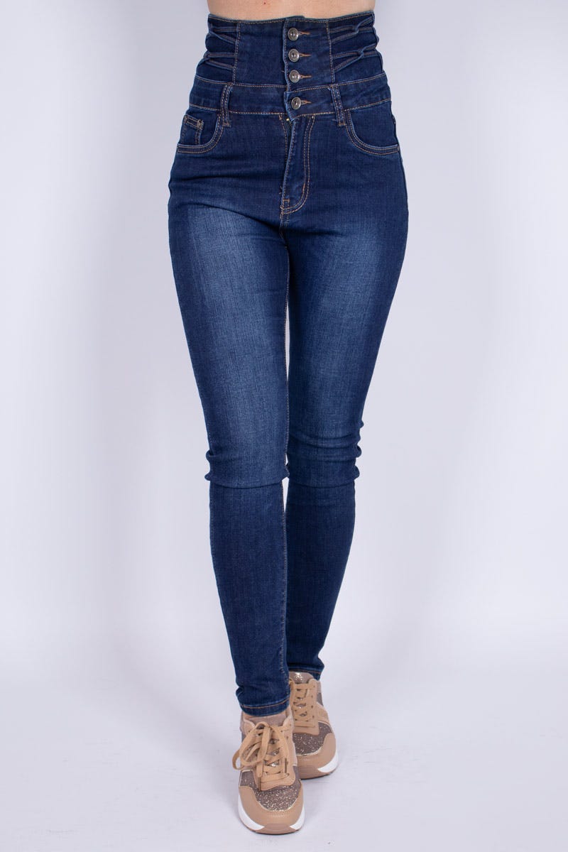 Högmidjade skinny jeans m. detaljer, Denim