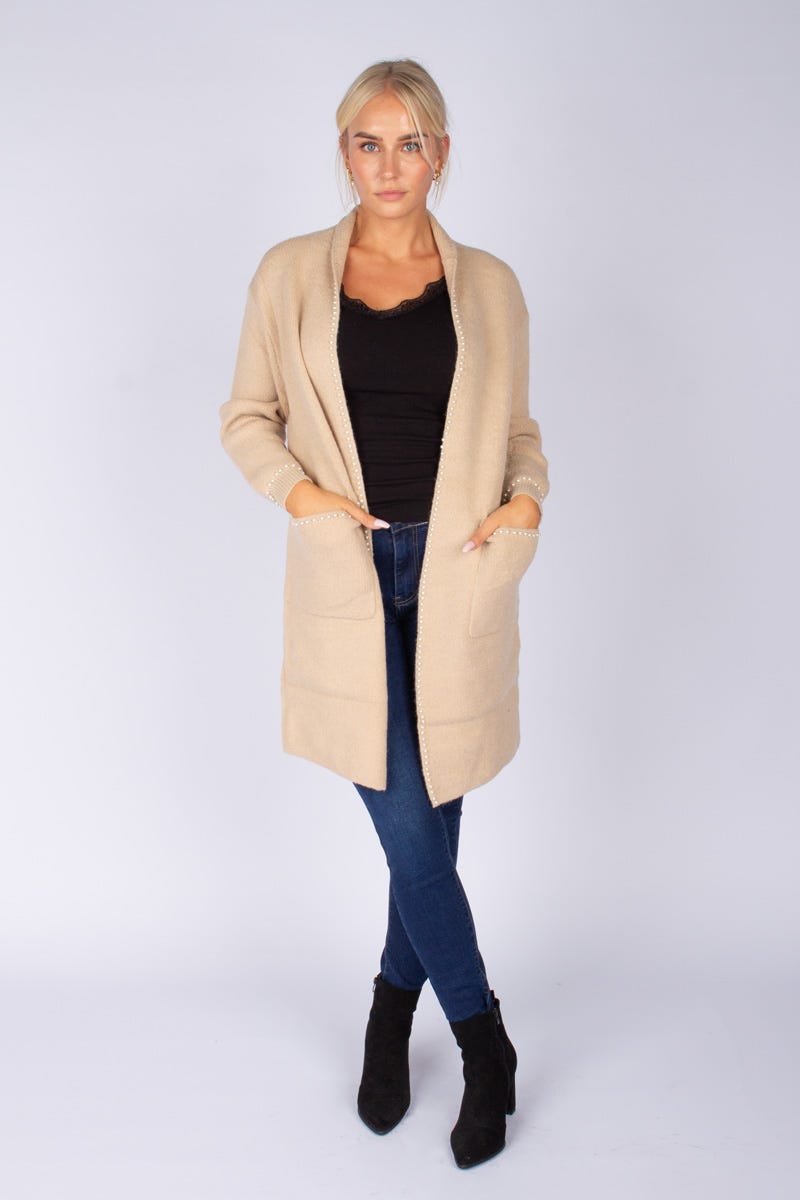 Cardigan m. pärlor, Beige