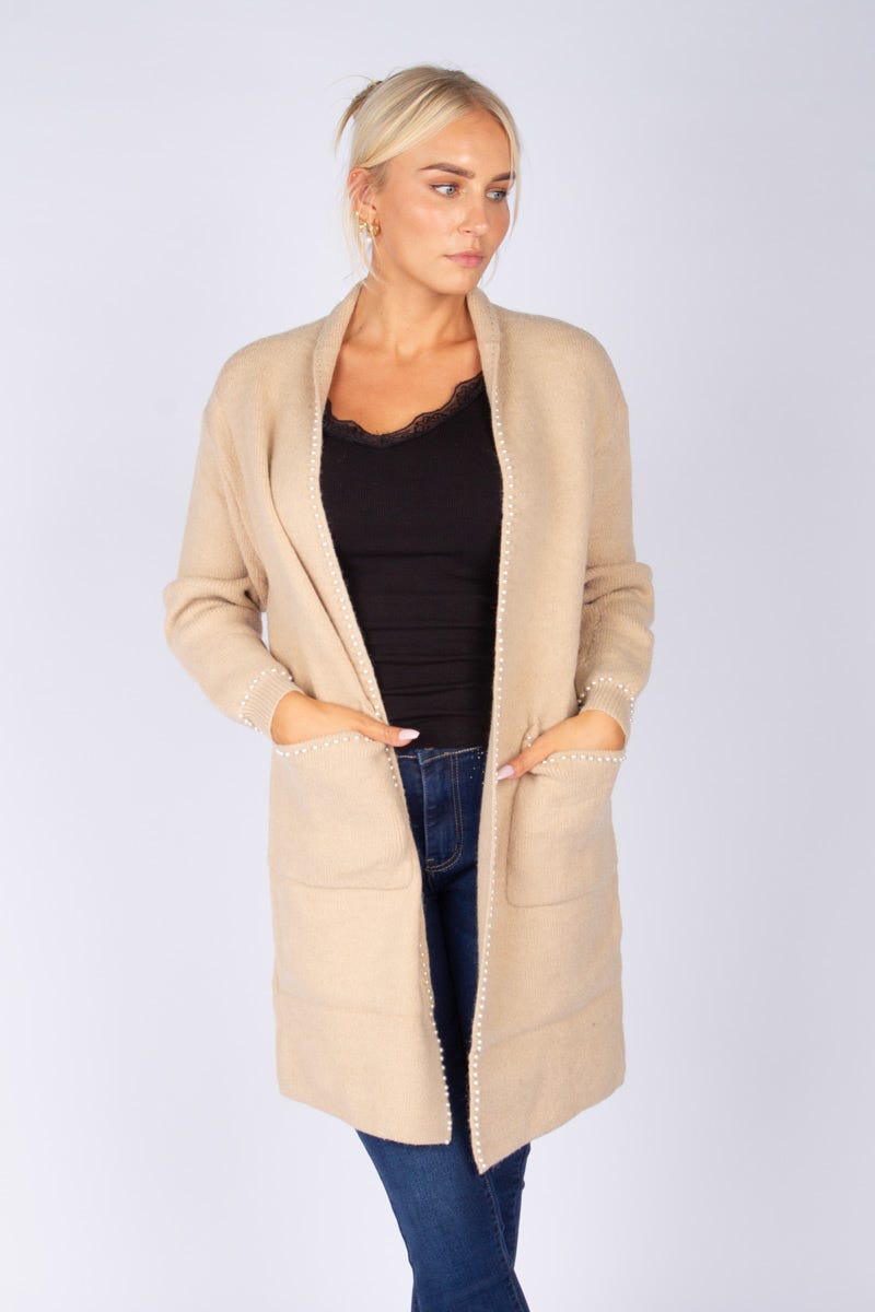 Cardigan m. pärlor, Beige