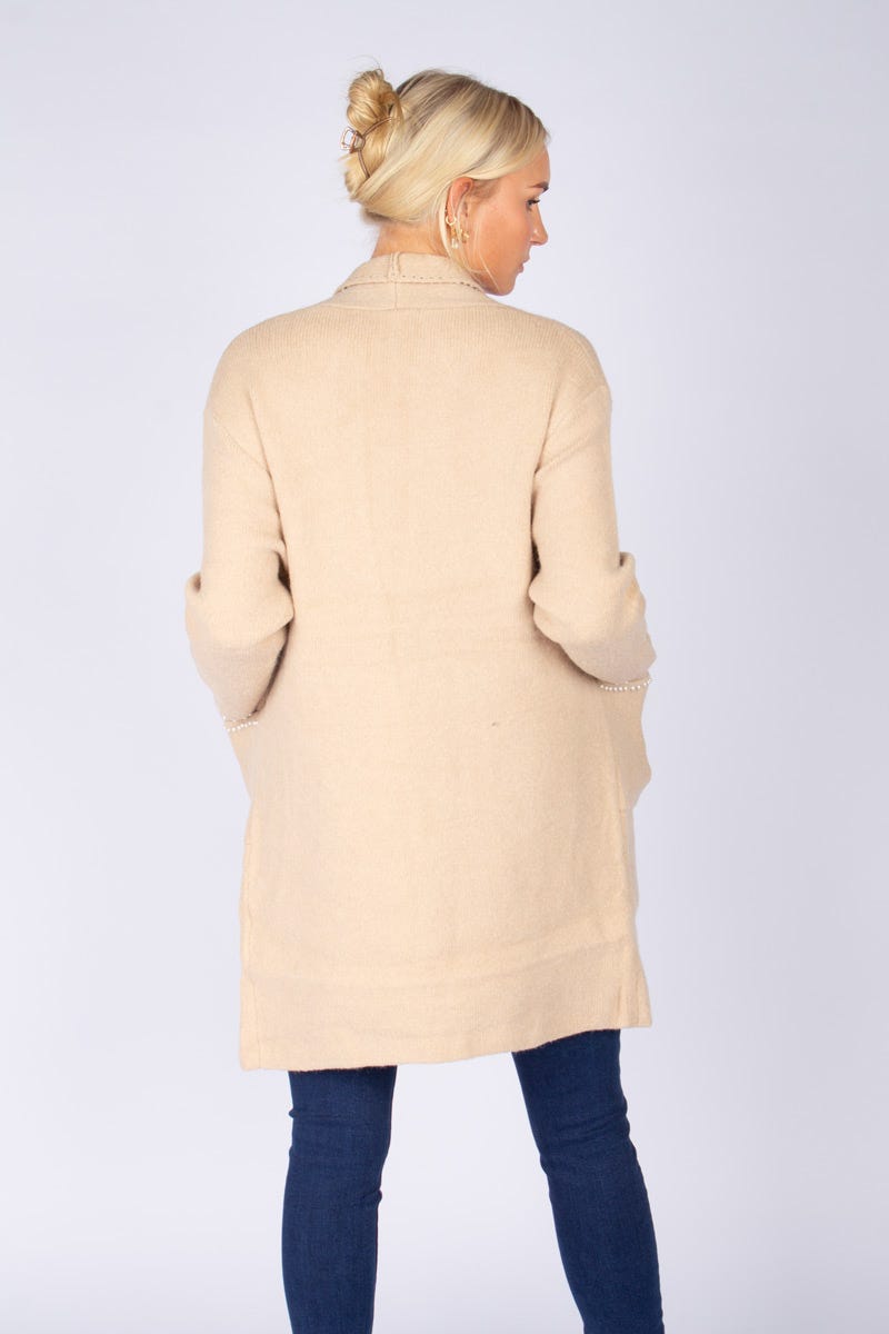 Cardigan m. pärlor, Beige