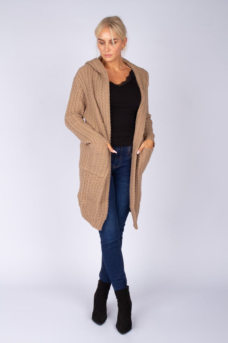 Cardigan m. flätdetalj, Taupe