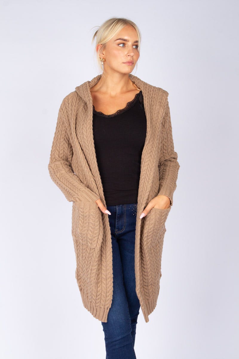 Cardigan m. flätdetalj, Taupe