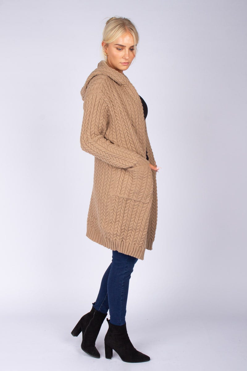 Cardigan m. flätdetalj, Taupe