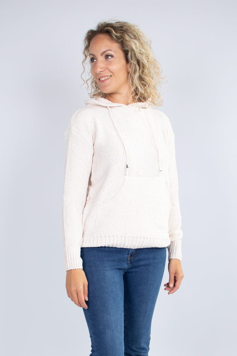 Chenille stickad hoodie, Beige