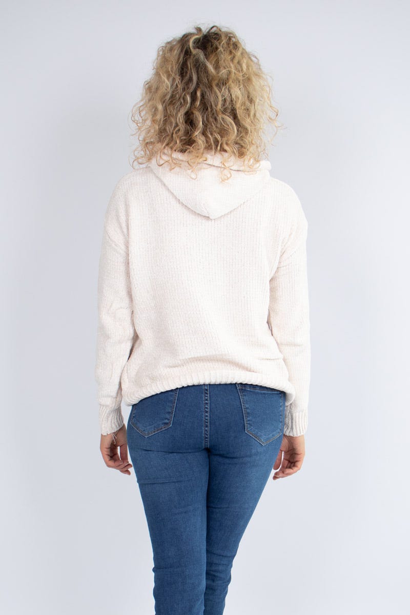 Chenille stickad hoodie, Beige