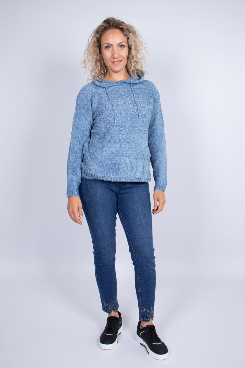 Chenille stickad hoodie, Blå