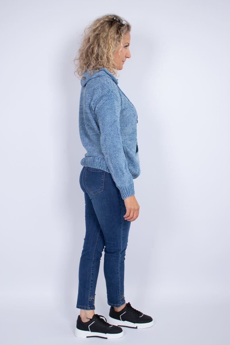 Chenille stickad hoodie, Blå