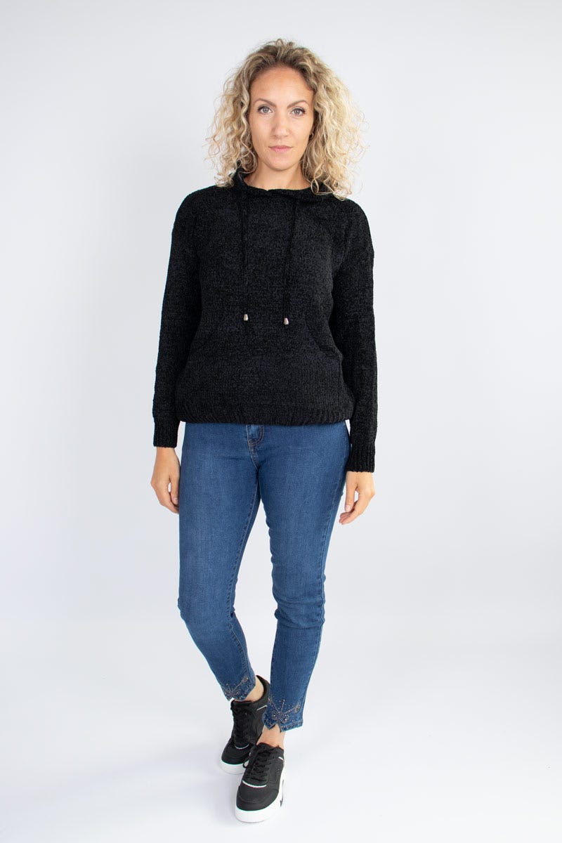 Chenille stickad hoodie, Svart