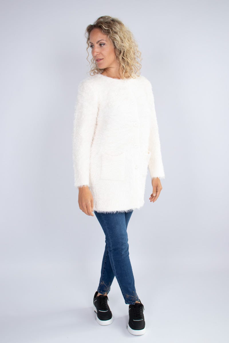 Stickad cardigan m. knappar, Creme