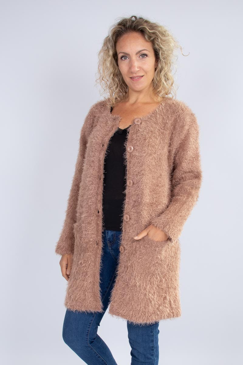 Stickad cardigan m. knappar, Taupe