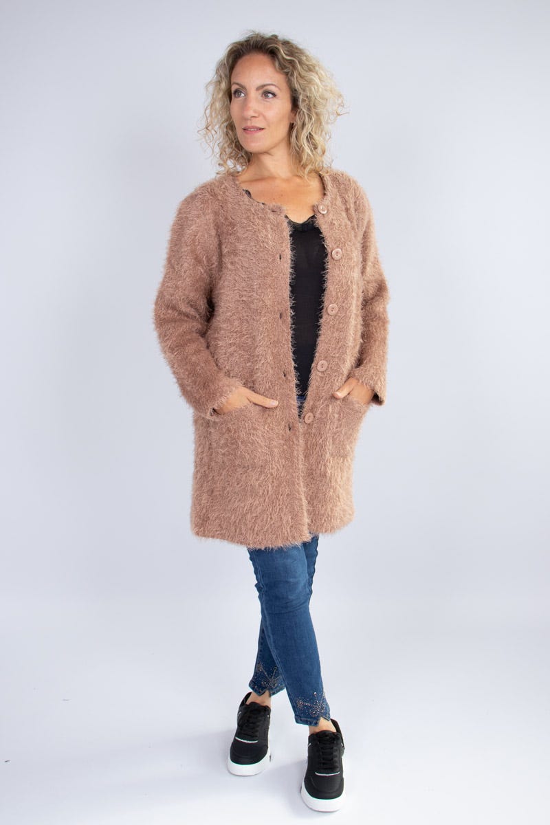 Stickad cardigan m. knappar, Taupe