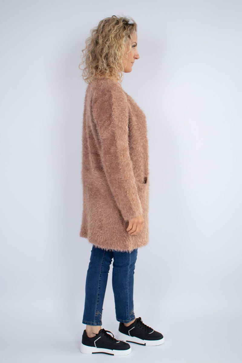 Stickad cardigan m. knappar, Taupe