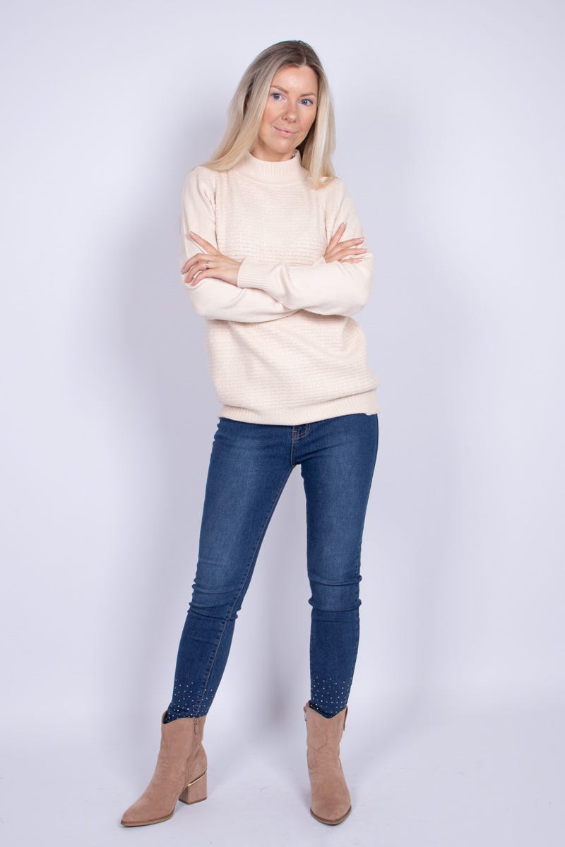 Stickad tröja m. turtleneck, Beige