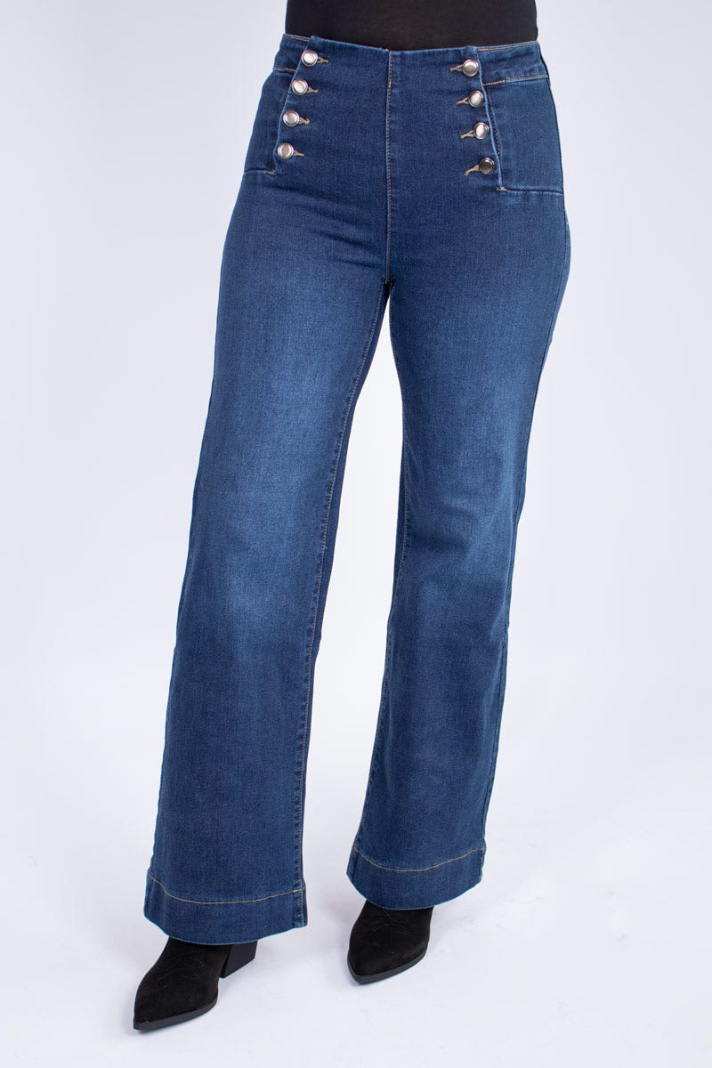 Jeans m. knappdetaljer, Mörk denim