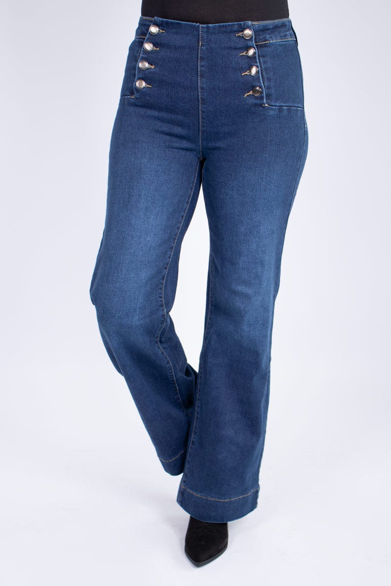 Jeans m. knappdetaljer, Mörk denim