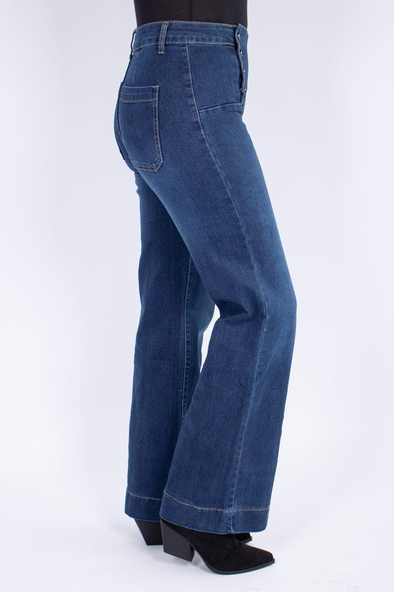 Jeans m. knappdetaljer, Mörk denim