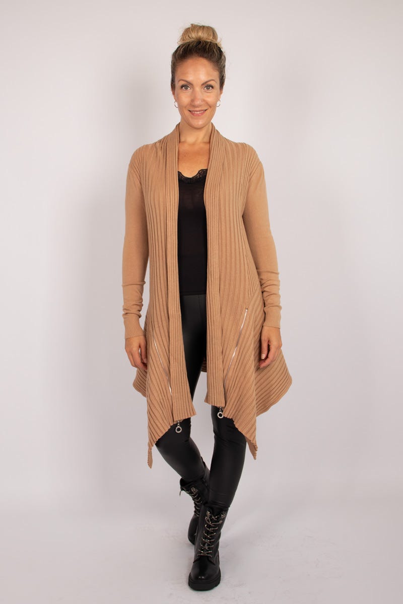 Cardigan m. krage och blixtlås, Taupe