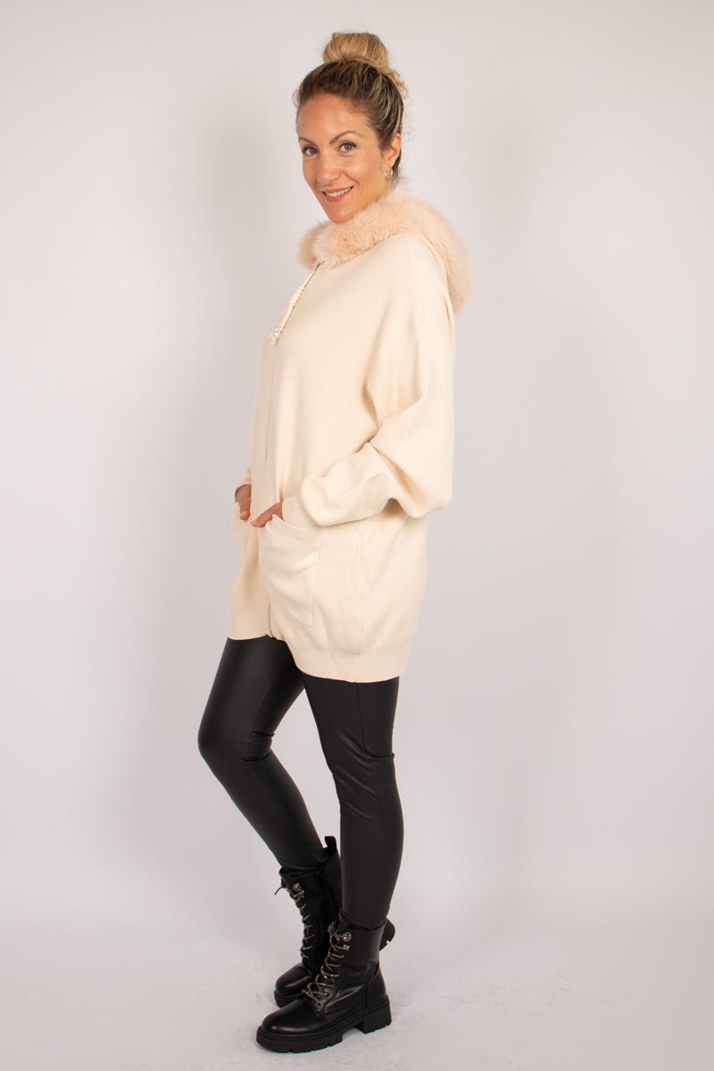 Cardigan m. imiterad pälskant, Beige