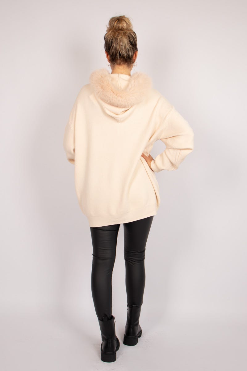 Cardigan m. imiterad pälskant, Beige