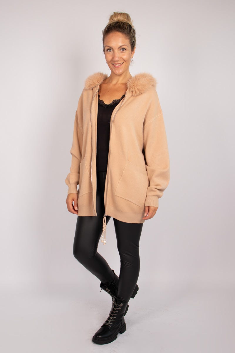 Cardigan m. imiterad pälskant, Taupe