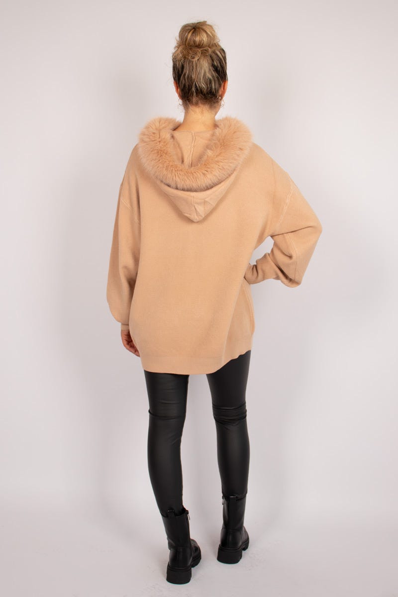 Cardigan m. imiteret pelskant Taupe