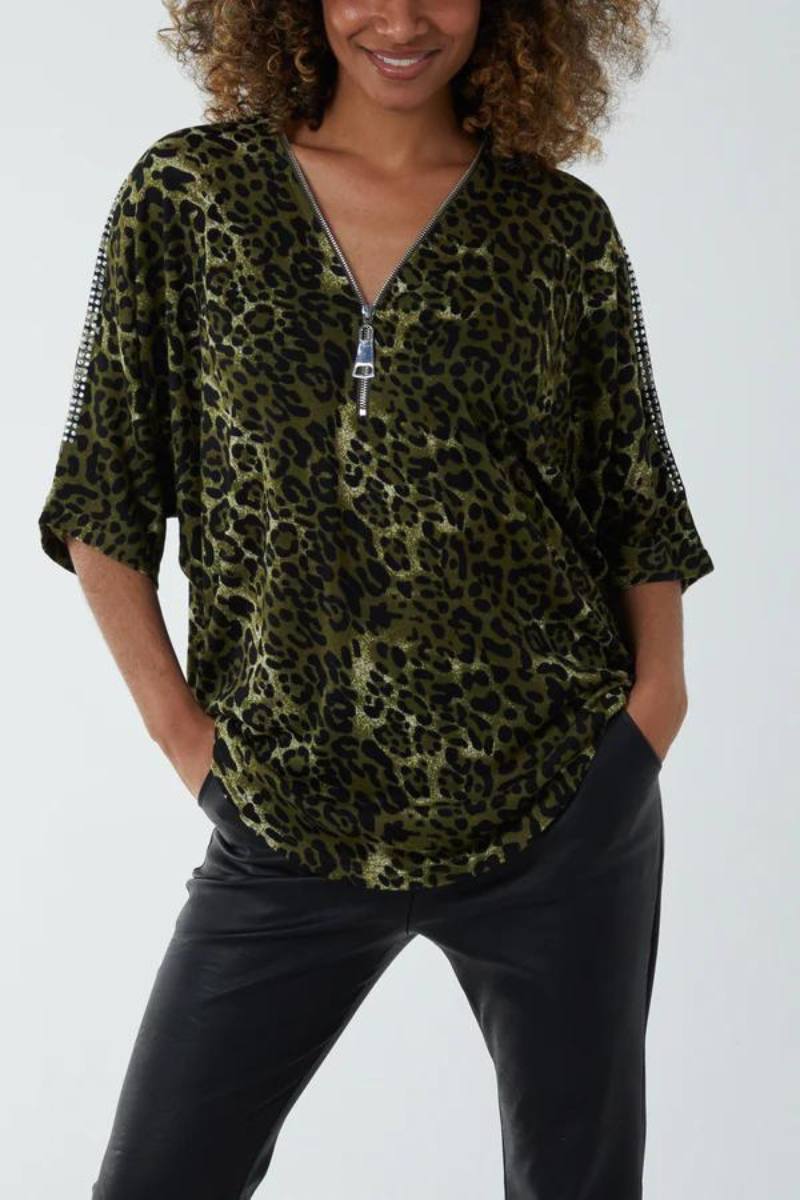 Blus m. leoprint och sten, Khaki