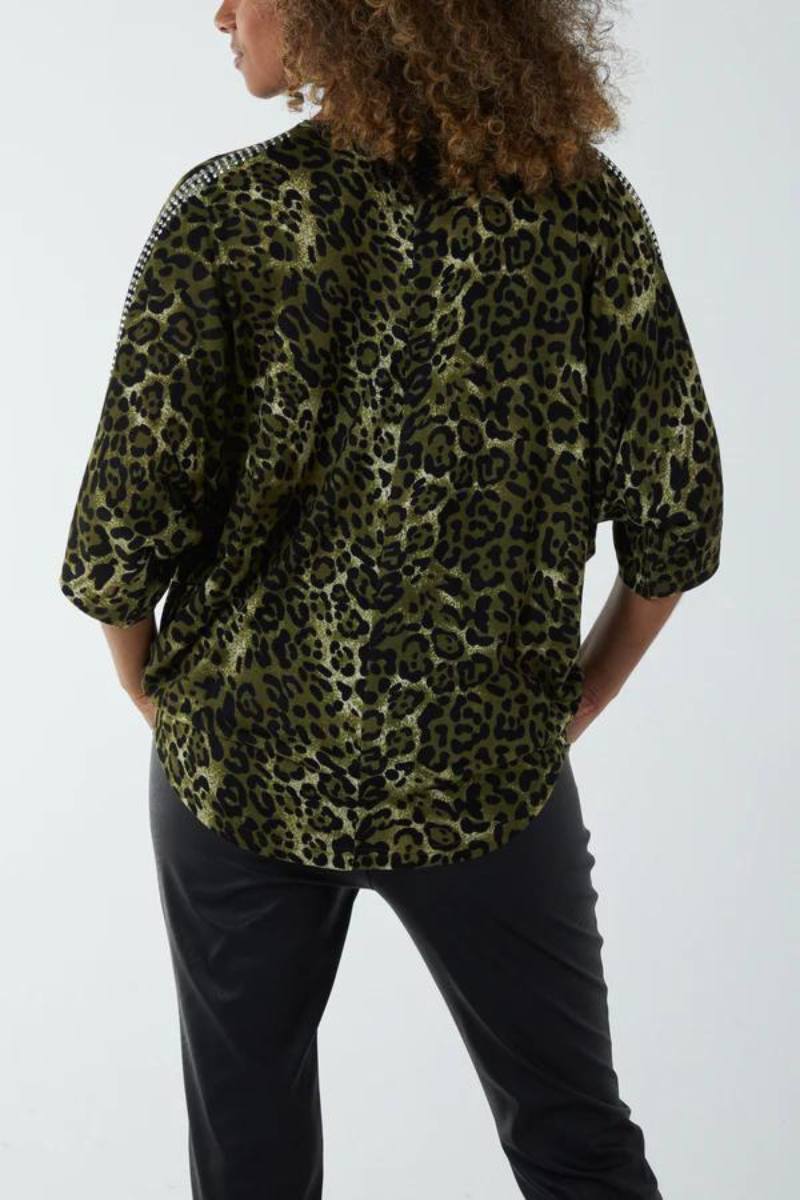 Blus m. leoprint och sten, Khaki