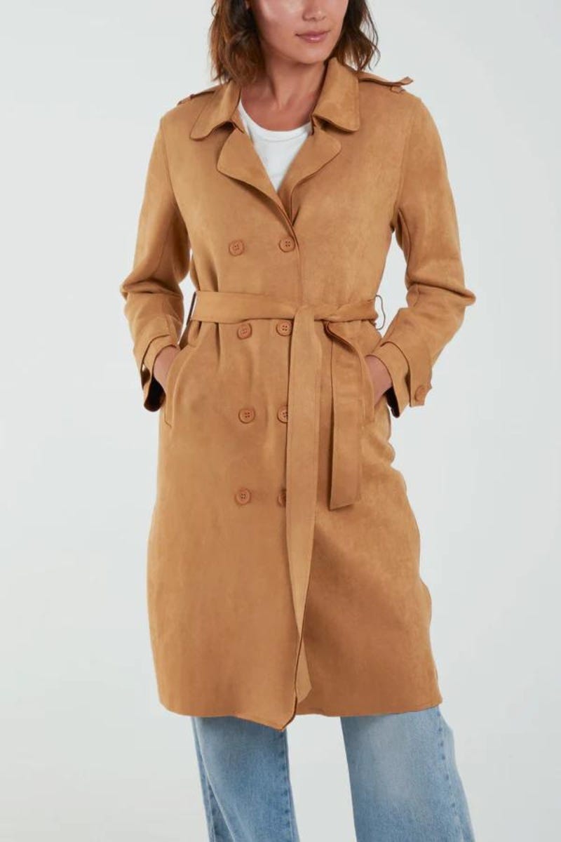 Trenchcoat i imiterad mocka, Camel