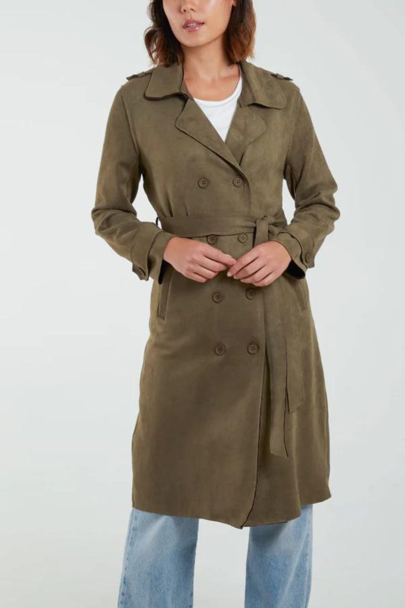 Trenchcoat i imiterad mocka, Khaki