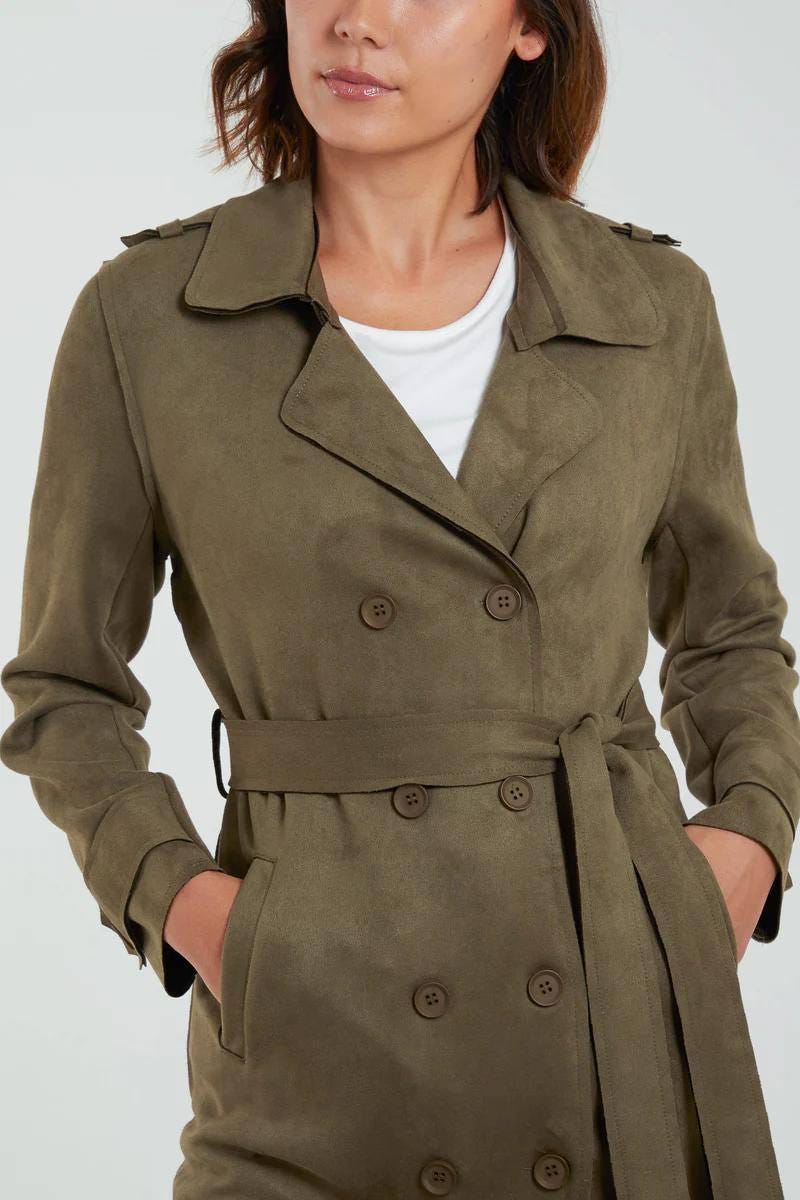 Trenchcoat i imiterad mocka, Khaki