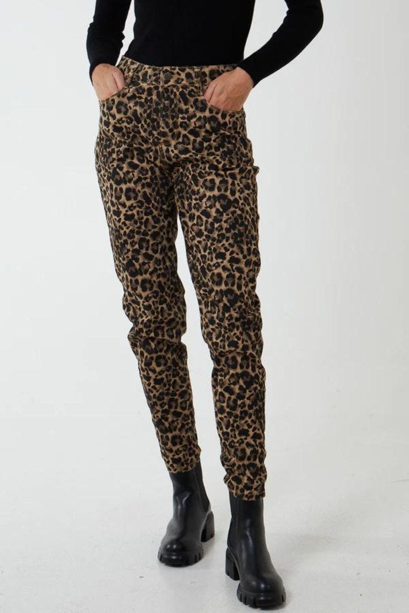 Jeans m. leoprint, Brun