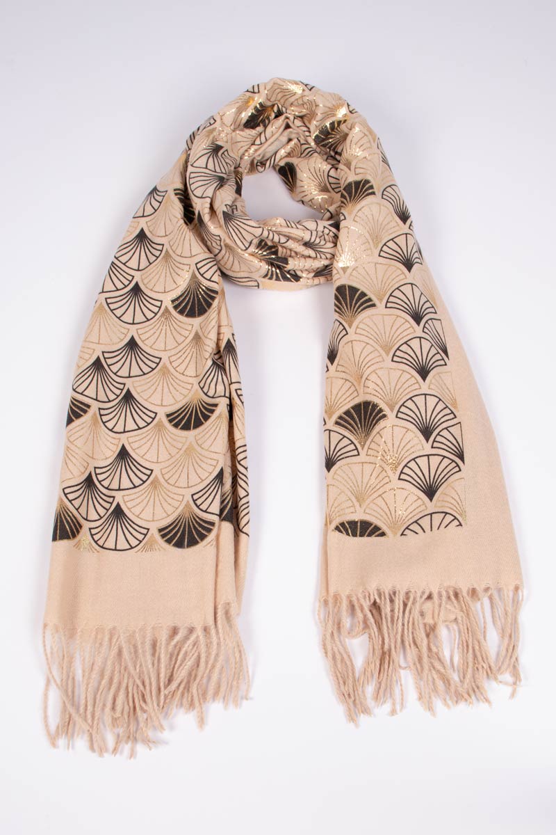 Halsduk m. art deco print, Beige