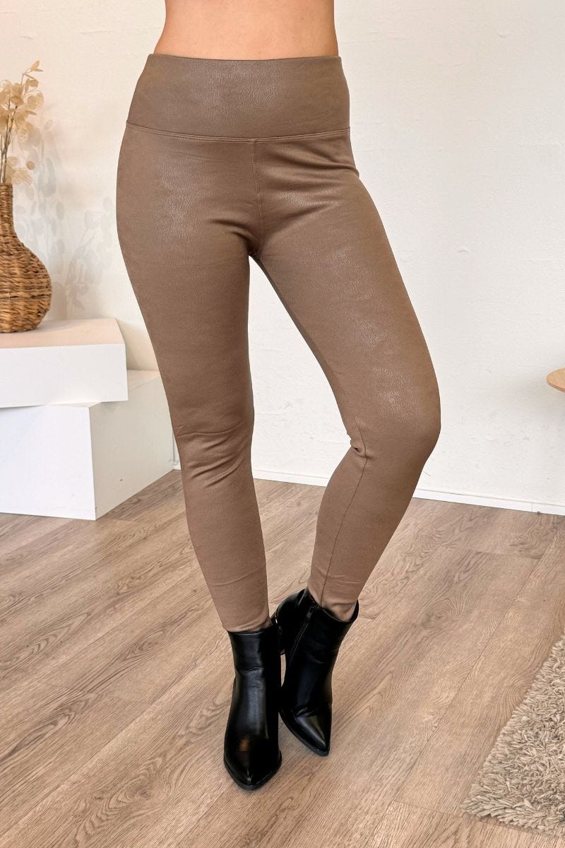 Leggings m. läderlook, Taupe