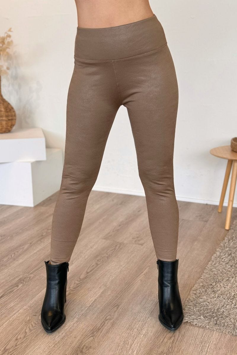 Leggings m. läderlook, Taupe