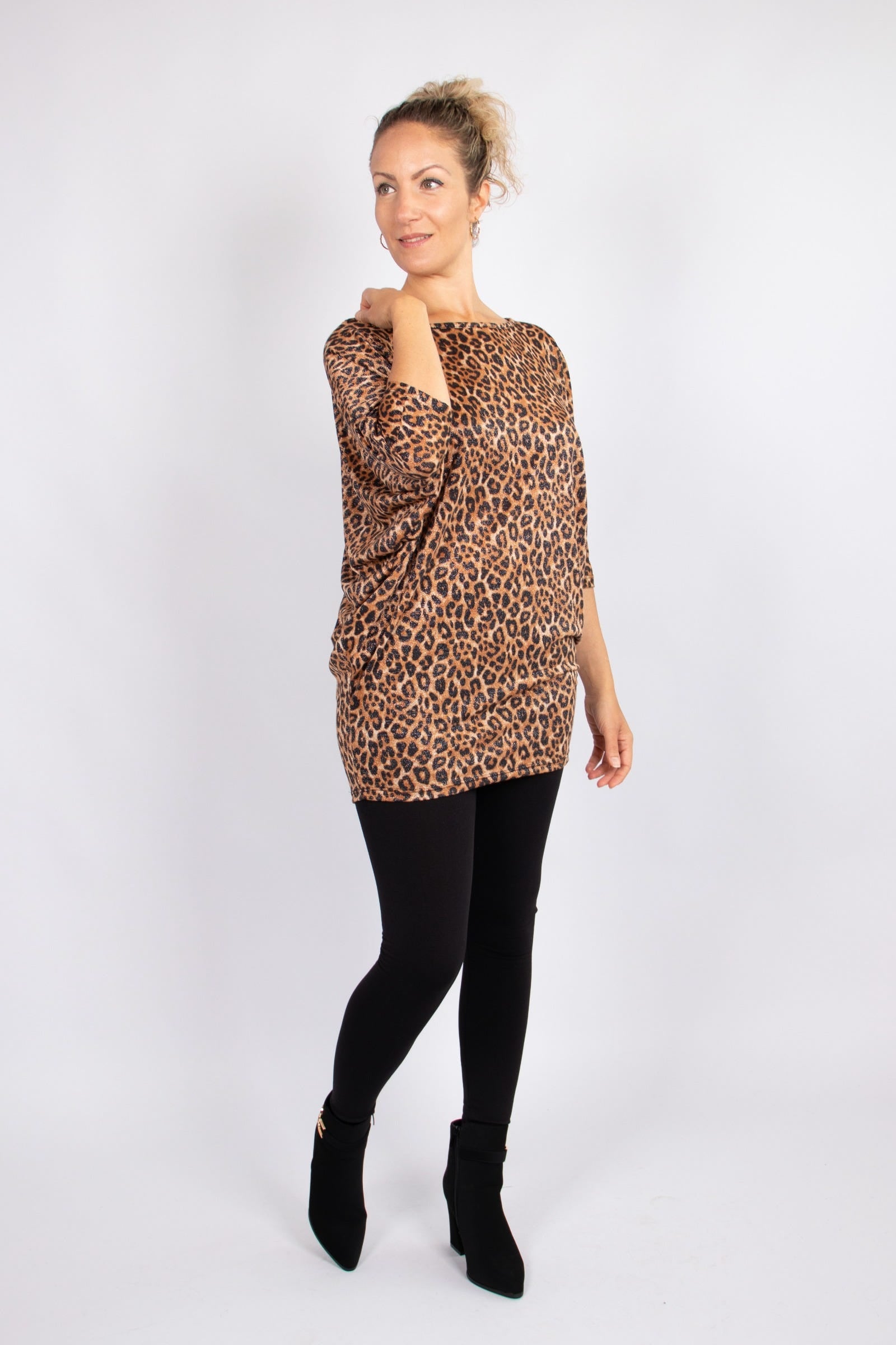 Batwing bluse m. glimmer og leoprint Brun