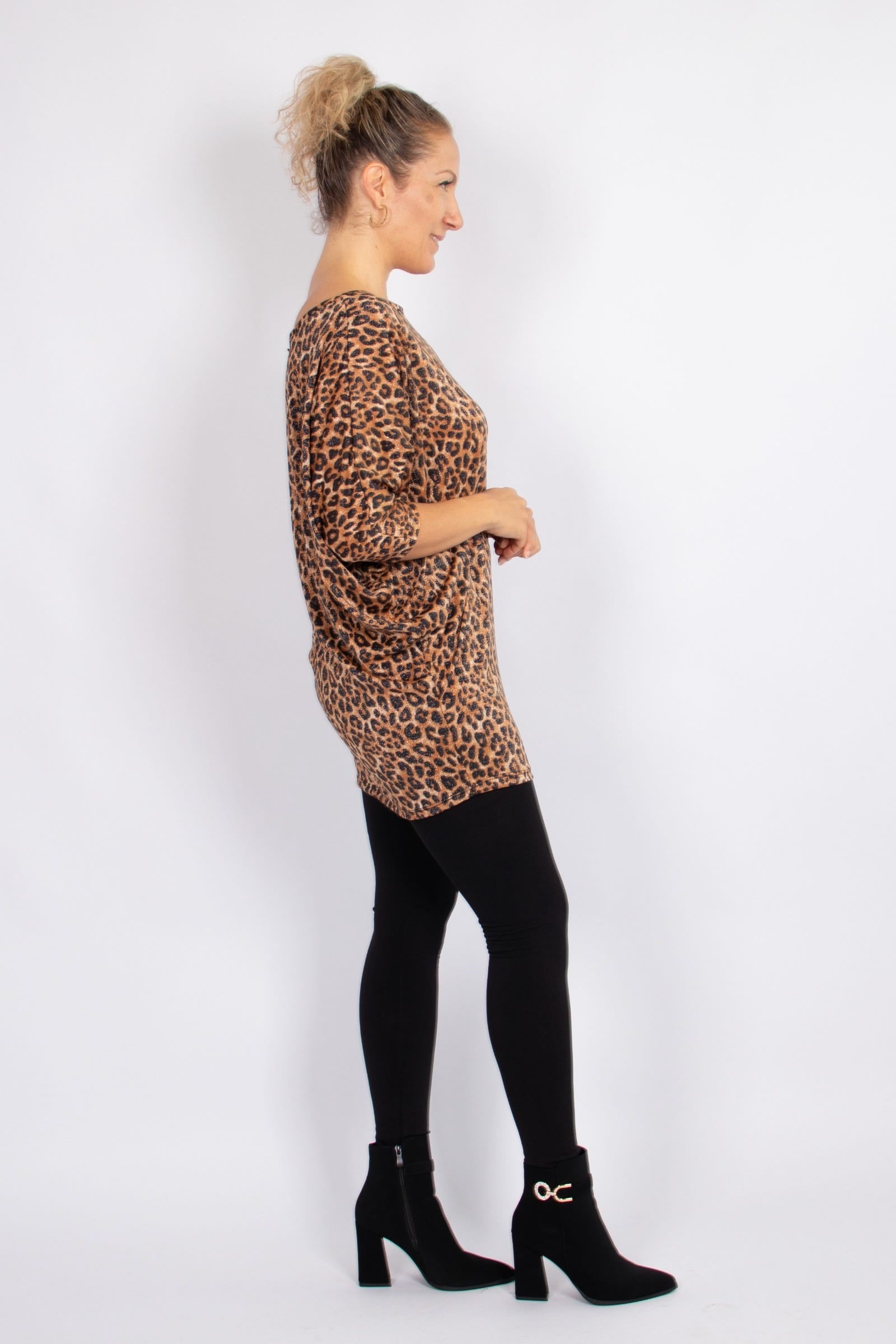 Batwing bluse m. glimmer og leoprint Brun