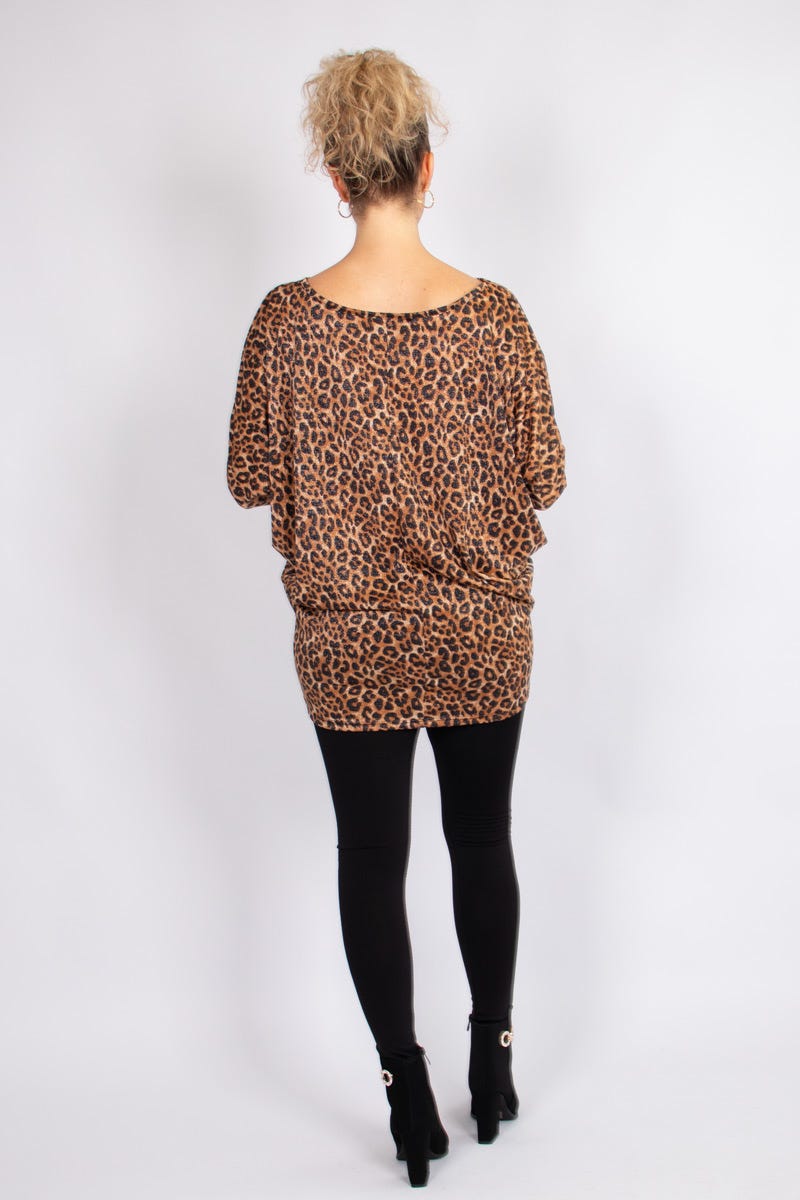 Batwing bluse m. glimmer og leoprint Brun