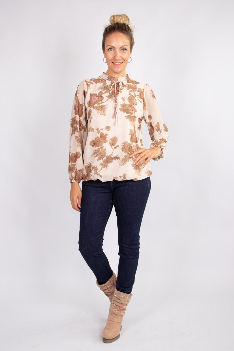 Blommig blus m. knytband, Beige