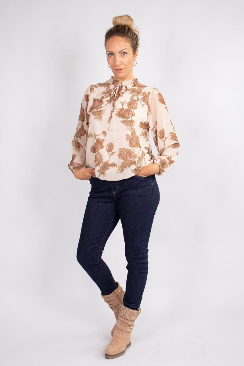 Blommig blus m. knytband, Beige