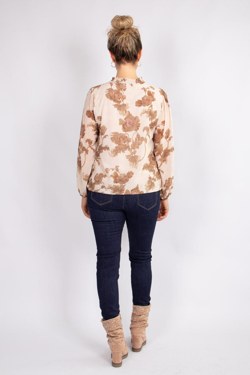 Blommig blus m. knytband, Beige