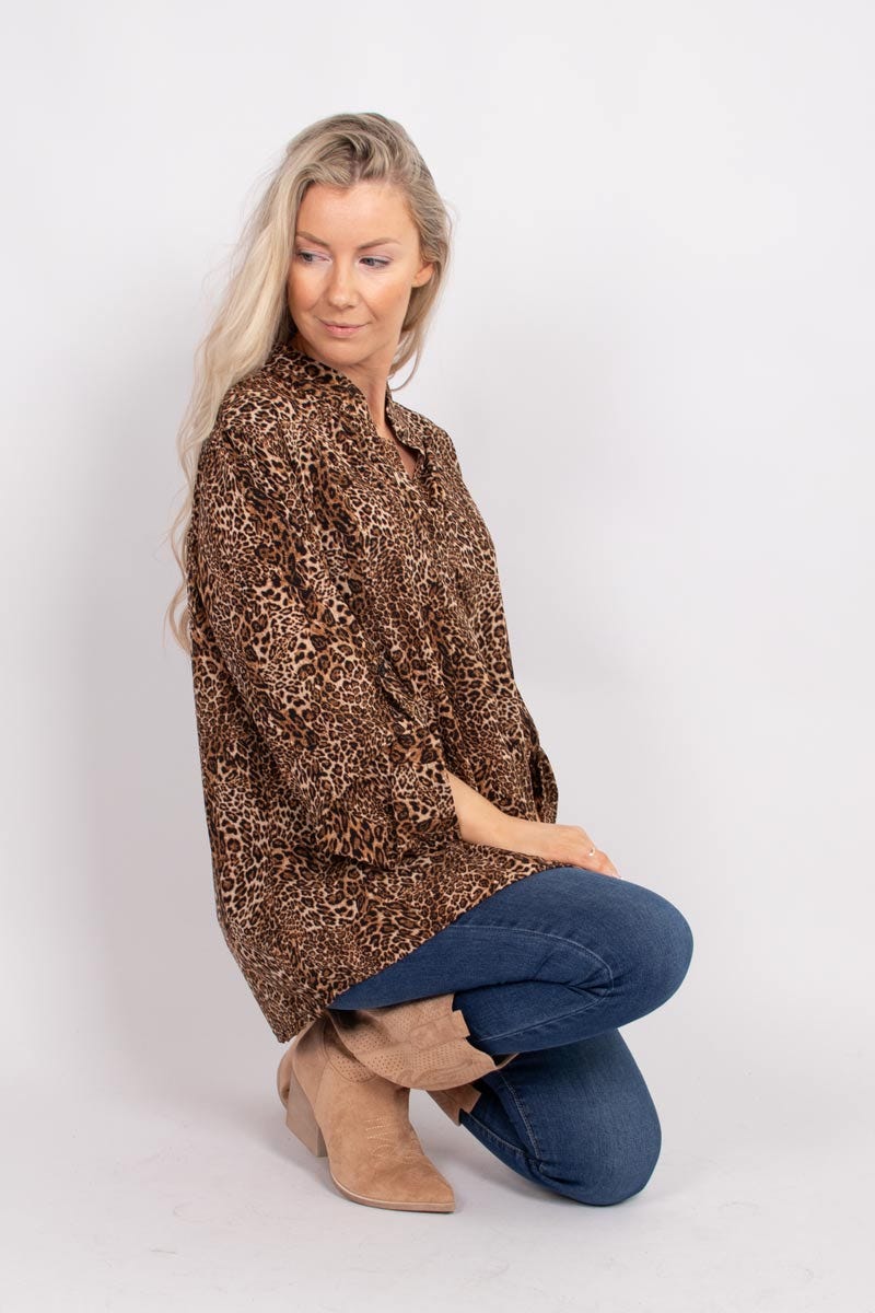 Adeline blus m. leoprint, Brun