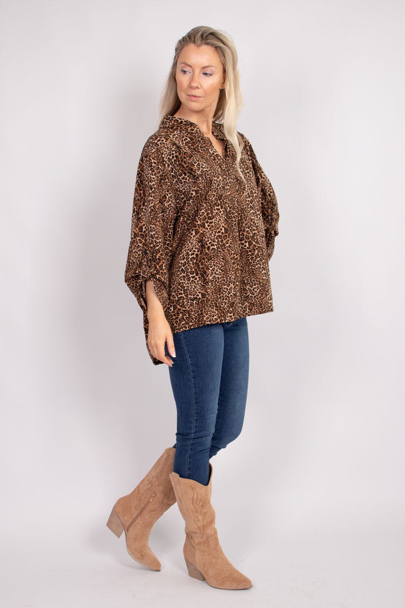 Adeline blus m. leoprint, Brun