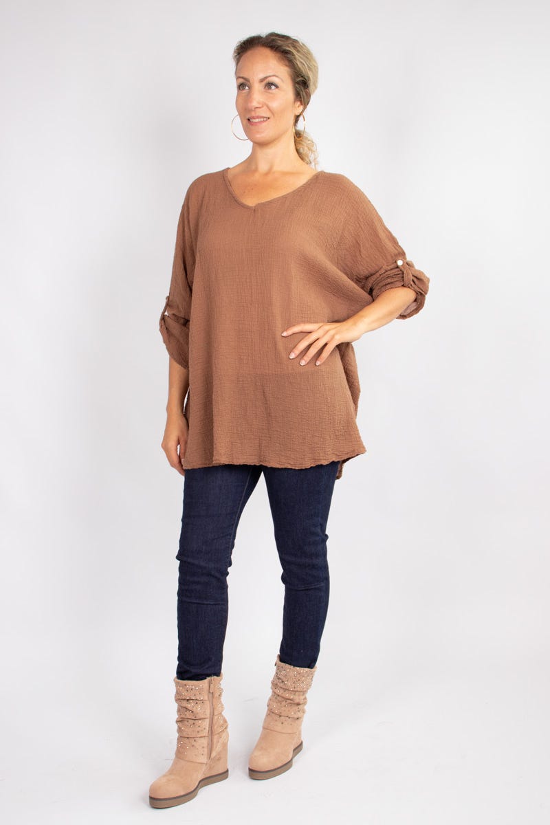 Blus m. 3/4 ärmar, Camel