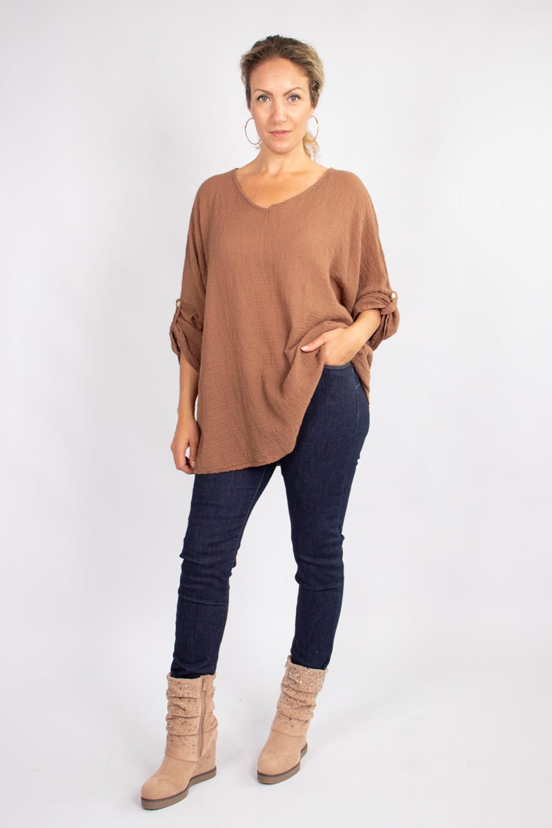 Blus m. 3/4 ärmar, Camel