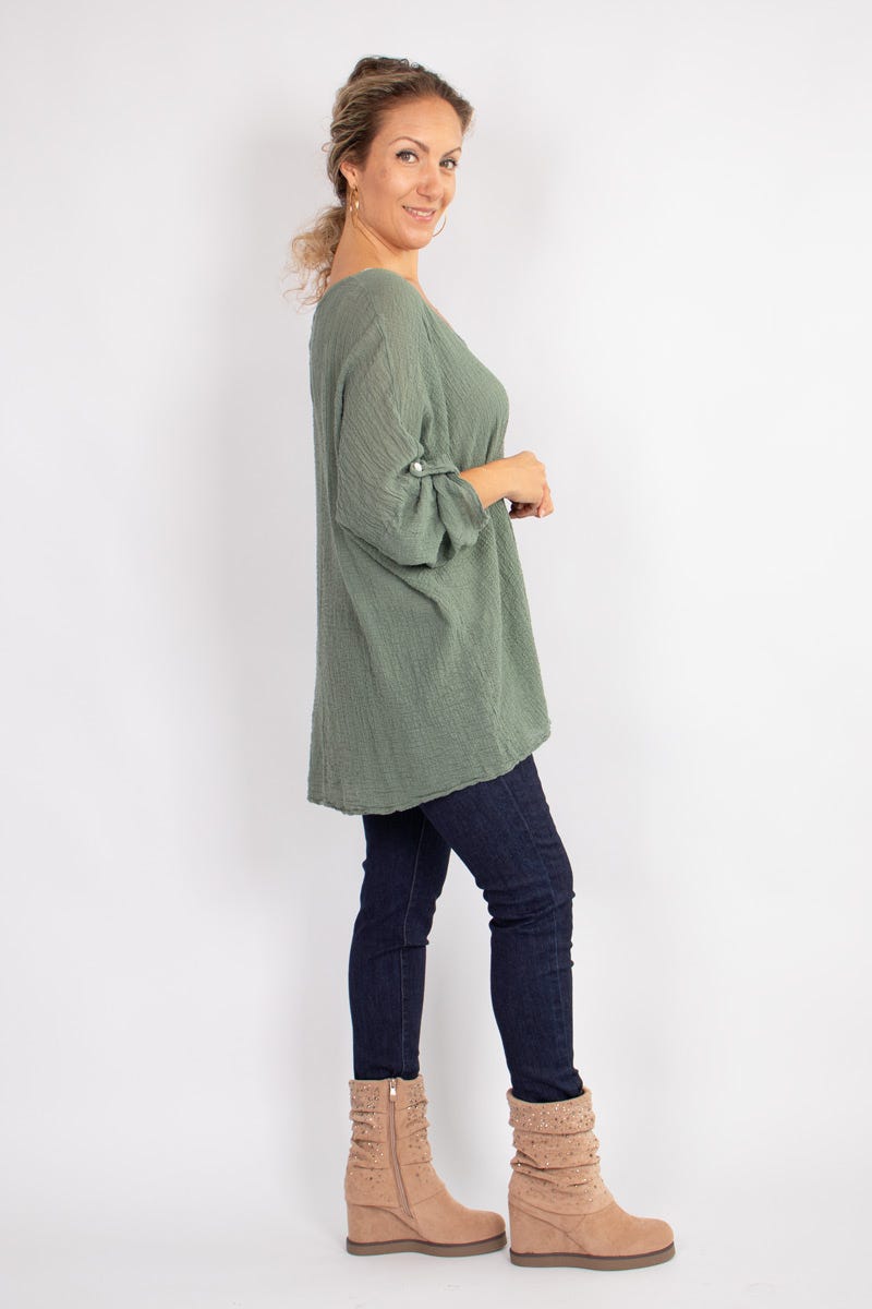 Blus m. 3/4 ärmar, Khaki