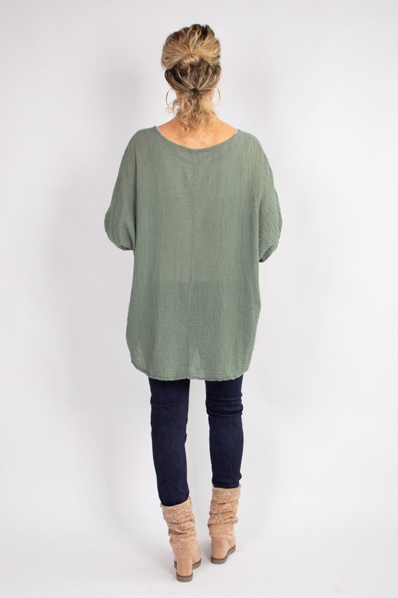 Blus m. 3/4 ärmar, Khaki